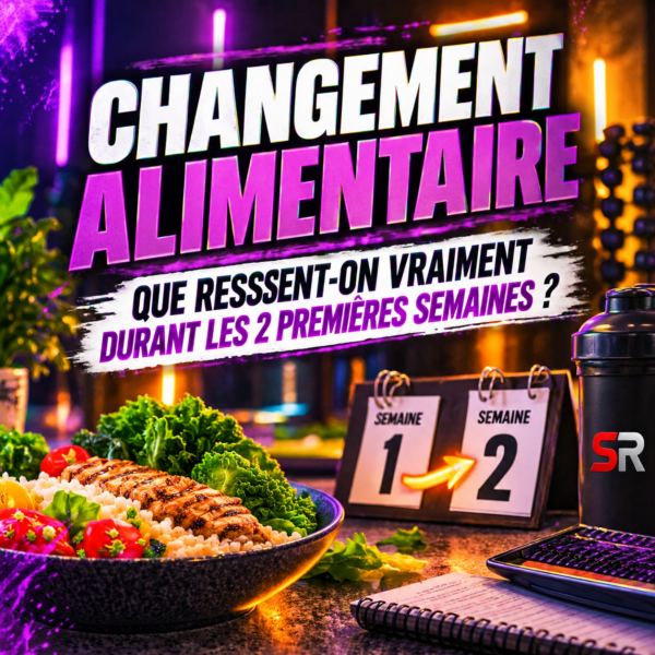 Changement alimentaire durant les 2 premières semaines : repas équilibré, calendrier semaine 1 et semaine 2 illustrant les premiers effets sur l’organisme.