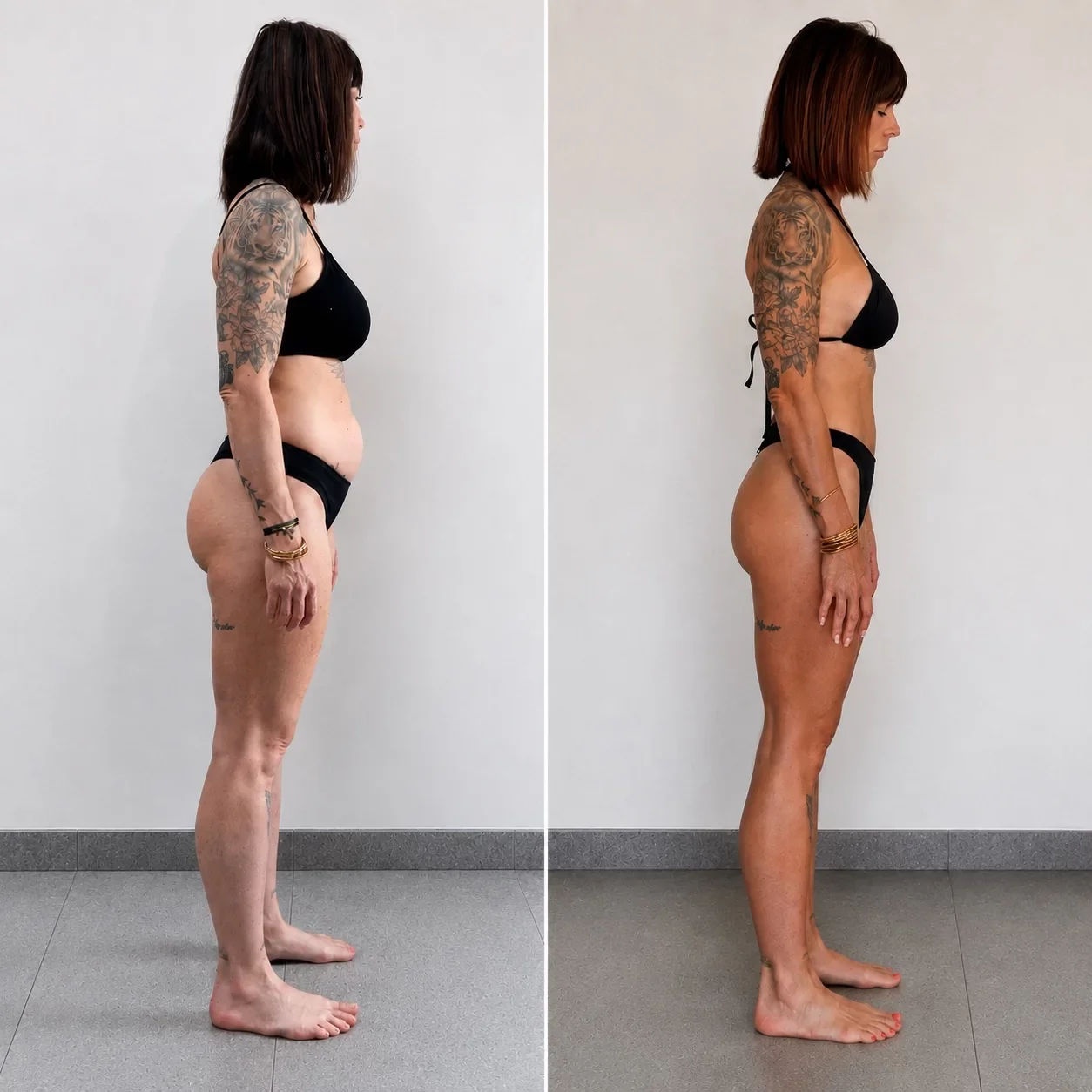 Avant après transformation physique d'une femme accompagnée par Steph Ramos : perte de 5,1 kg en 3 mois, de 60 à 54,9 kg.