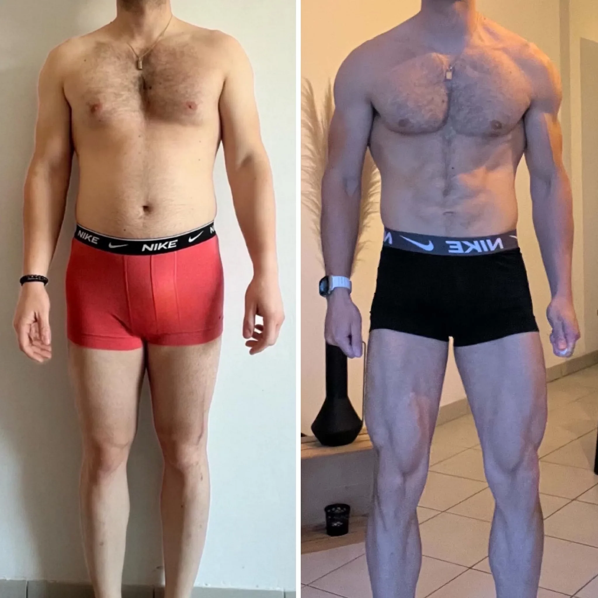 Avant après transformation physique d'un homme après 12 mois de coaching avec Steph Ramos : recomposition corporelle et développement musculaire, de 76 à 74,9 kg.