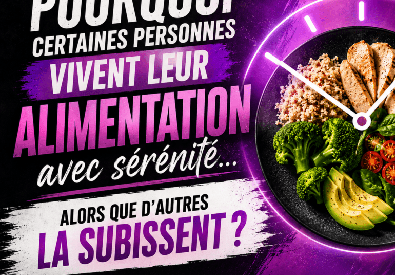 Illustration d’une alimentation structurée vécue avec sérénité ou comme une contrainte, avec une assiette équilibrée intégrée à une horloge.