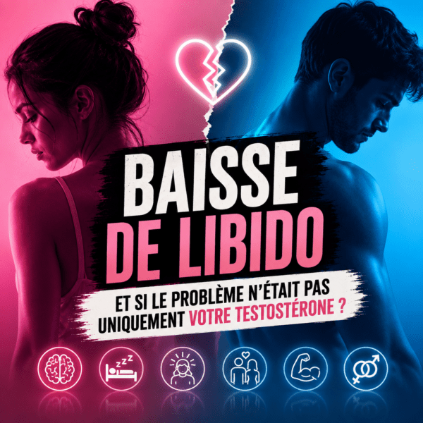 Illustration représentant une femme et un homme dos à dos pour illustrer les principales causes d'une baisse de libido, au-delà de la seule testostérone.