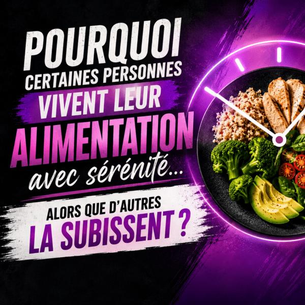 Illustration d’une alimentation structurée vécue avec sérénité ou comme une contrainte, avec une assiette équilibrée intégrée à une horloge.