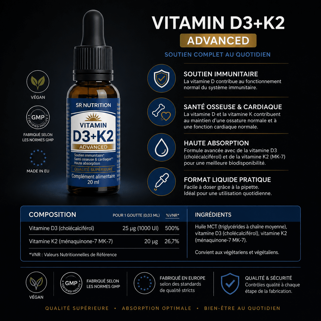 vitamin d3 k2 bienfaits immunité santé osseuse cardiovasculaire absorption mk7 complément alimentaire