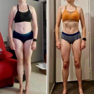 Avant-après transformation physique avec coaching de Steph Ramos Coach, perte de poids, prise de muscle.