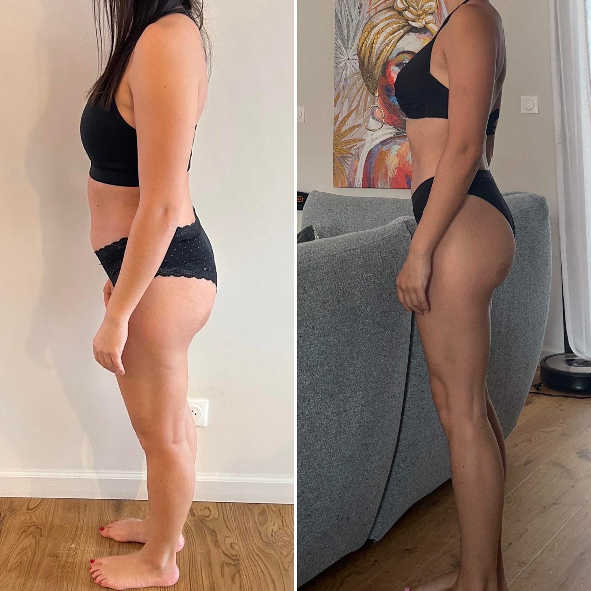 Avant-après transformation physique avec coaching de Steph Ramos Coach, perte de poids, prise de muscle.